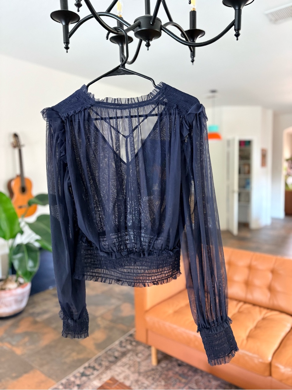 Free People Twyla Mesh Smocked Top Indigo Lost Navy Large